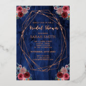 ブルーブルゴーニュジオメトリックブライダルシャワーバラ金ゴールド 箔招待状 (正面)