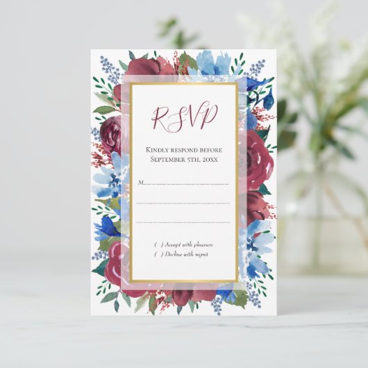 ブルーブルゴーニュボタニカルフローラ結婚金ゴールド 出欠カード (スタンド正面)