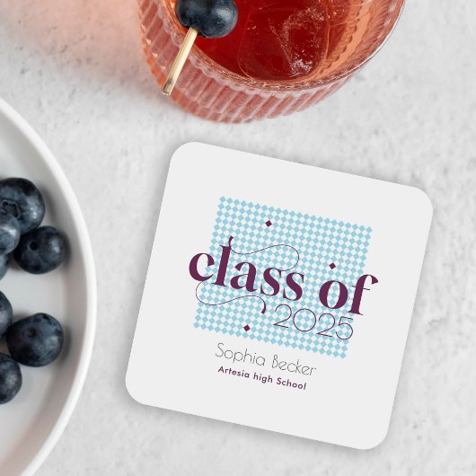 ブルーブルゴーニュモダンー卒業キャップパターン スクエアペーパーコースター