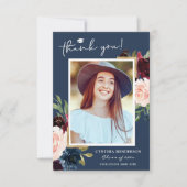 ブルーブルゴーニュレッド赤面フローラ卒業写真 サンキューカード (正面)