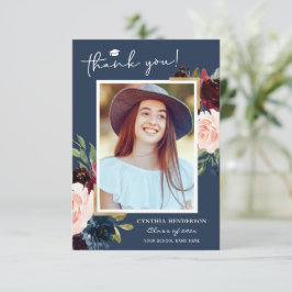 ブルーブルゴーニュレッド赤面フローラ卒業写真 サンキューカード