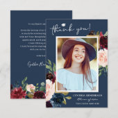 ブルーブルゴーニュレッド赤面フローラ卒業写真 サンキューカード (正面/裏面)