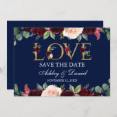 ブルーブルゴーニュ水彩フローララブザデーを保存 セーブザデート (正面/裏面)