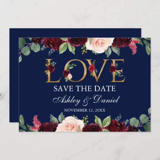 ブルーブルゴーニュ水彩フローララブザデーを保存 セーブザデート (正面/裏面)