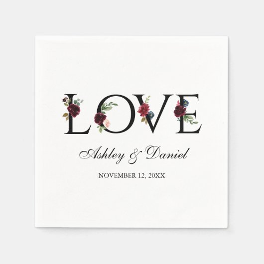 ブルーブルゴーニュ水彩フローララヴ結婚ズ スタンダードカクテルナプキン (正面)