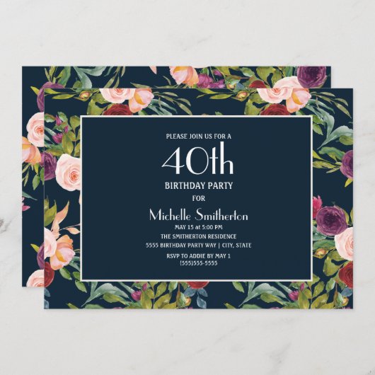 ブルーブルゴーニュ赤面フローラ40歳の誕生日 招待状 (正面/裏面)