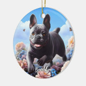 ブルーブルフランスのドッグ&フラワーズ セラミックオーナメント (左)