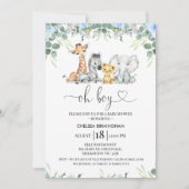 ブルーブルーモダンフローラサファリベイビーシャワー 招待状 (正面)