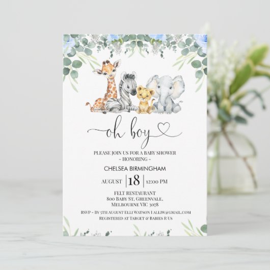 ブルーブルーモダンフローラサファリベイビーシャワー 招待状 (スタンド正面)