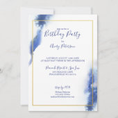 ブルーブルー金ゴールドフレームユニセックス誕生日 招待状 (正面)