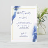 ブルーブルー金ゴールドフレームユニセックス誕生日 招待状 (スタンド正面)