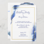 ブルーブルー金ゴールドフレームユニセックス誕生日 招待状 (正面/裏面)