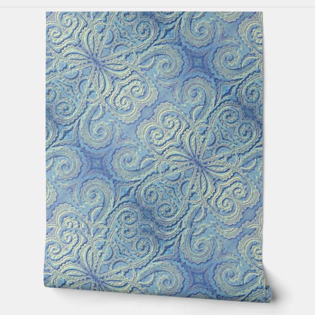 ブルーブロケード柄のビニール壁紙 壁紙 (ほどく)