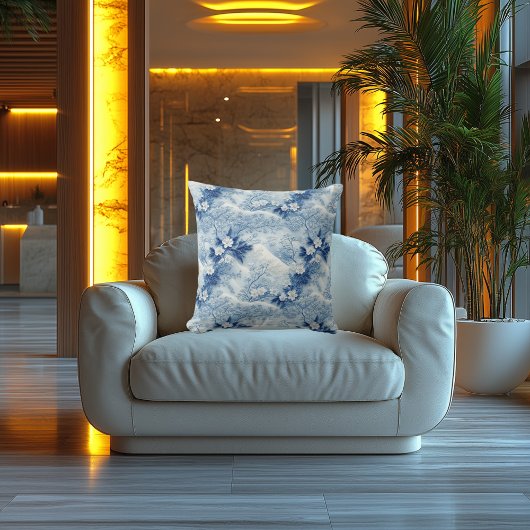 ブルーブロッサムエレガンス：刺繍模様のプリント クッション