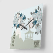 ブルーブロッサムバラオリエンタルフローラランドスケープアート スクエア壁時計 (傾斜)