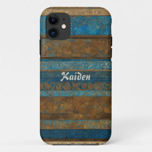 ブルーブロンズと金ゴールドグランジストライプのパーソナライズされた iPhone 11 ケース
