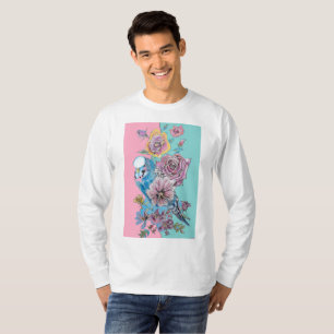 ブルーブージーウォーターカラーレッドローゼスフローラアート Tシャツ