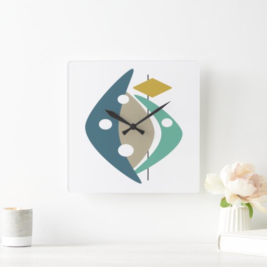 ブルーブーメランズ世紀中頃モダニズム スクエア壁時計 (ホーム)