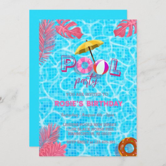 ブループクールールパーティー&サマースイミング誕生日 招待状 (正面/裏面)