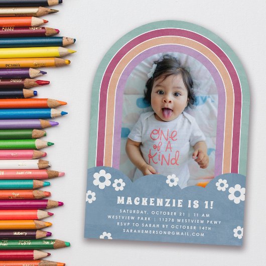 ブループラムフローラレインボーキッド誕生日招待状 招待状