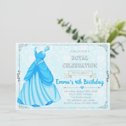 ブループリンセスドレスをテーマにした誕生日の招待状 招待状 (スタンド正面)