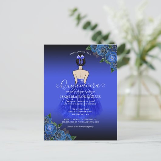 ブループリンセス金ゴールド誕生日キンセアニラ招待状 ポストカード (スタンド正面)