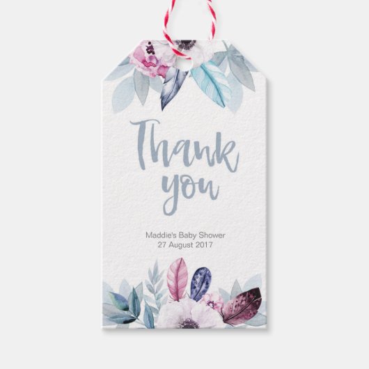 ブループルプルフローラフェザー感謝していユーメッセージカード ギフトタグ (正面)
