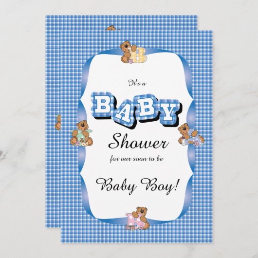 ブループレイドとベビーベア|ベビーシャワー 招待状 (正面/裏面)