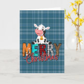 ブループレイドのクリスマス牛のホリデーカード カード (黄色い花)