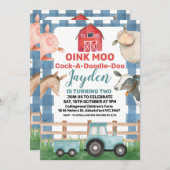 ブループレイドアンドトラクターファーム誕生日招待状 招待状 (正面/裏面)