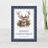 ブループレイドウォーターカラーディアメリークリスマス シーズンカード (正面)