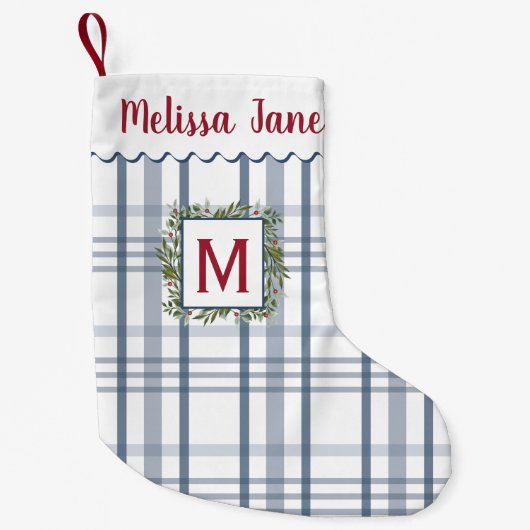 ブループレイドエバーグリーンリースモノグラム スモールクリスマスストッキング (正面)
