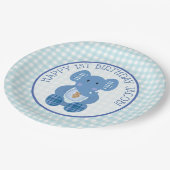 ブループレイドエレファントハッピー1st誕生日プレート ペーパープレート (アングル)
