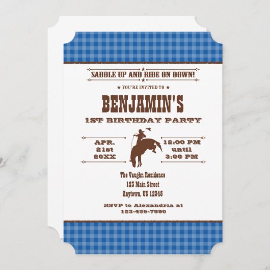 ブループレイドカウボーイロデオ誕生日招待状 招待状 (正面/裏面)