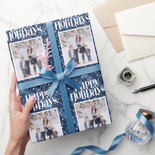 ブループレイドギンガムカスタムフォトクリスマスホリデー ラッピングペーパー