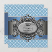 ブループレイドクラウンリトルプリンスボーイベビーシャワー 招待状 (正面/裏面)