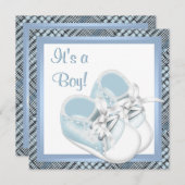 ブループレイドシューズブラックブループレイド男の赤ちゃんシャワー 招待状 (正面/裏面)