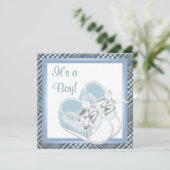 ブループレイドシューズブラックブループレイド男の赤ちゃんシャワー 招待状 (スタンド正面)