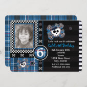 ブループレイドスカル&クロスボーンズ写真招待状 招待状 (正面/裏面)