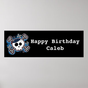ブループレイドスカル&ボーンズ誕生日パーティバナー ポスター