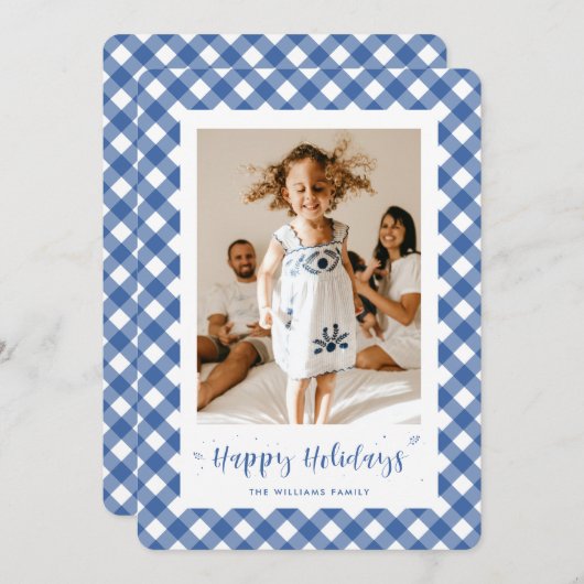 ブループレイドタイポグラフィフォトハッピーホリデーカード シーズンカード (正面/裏面)