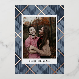 ブループレイドタータンチェック写真クリスマス実在 箔シーズンカード