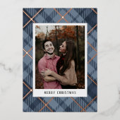 ブループレイドタータンチェック写真クリスマス実在 箔シーズンカード (正面)