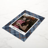 ブループレイドタータンチェック写真クリスマス実在 箔シーズンカード (回転した状態)