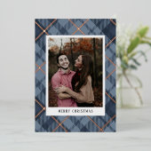 ブループレイドタータンチェック写真クリスマス実在 箔シーズンカード (立ち正面)