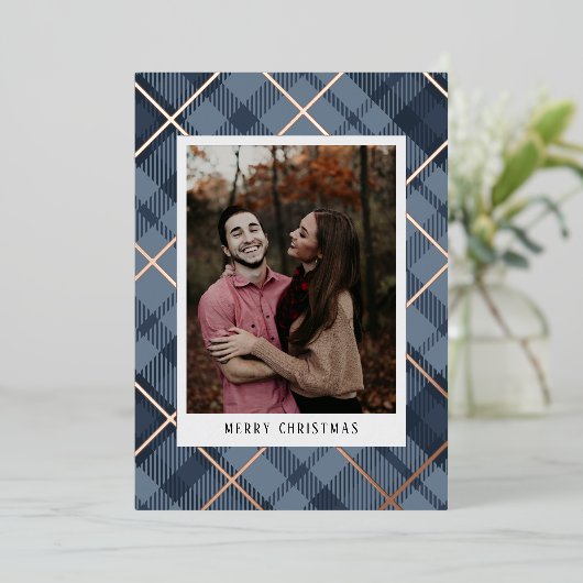 ブループレイドタータンチェック写真クリスマス実在 箔シーズンカード (立ち正面)