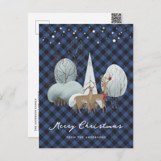 ブループレイドトナカイのクリスマス シーズンポストカード (正面/裏面)