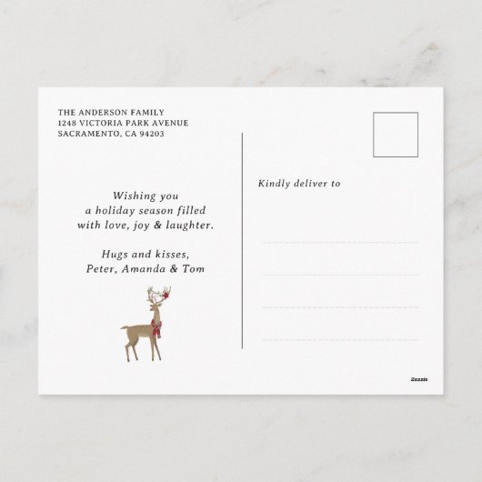 ブループレイドトナカイのクリスマス シーズンポストカード (裏面)