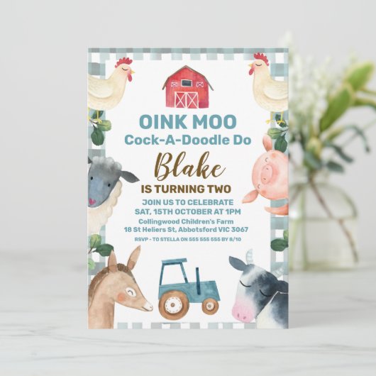 ブループレイドファーム及びトラクタ誕生日招待状 招待状 (スタンド正面)