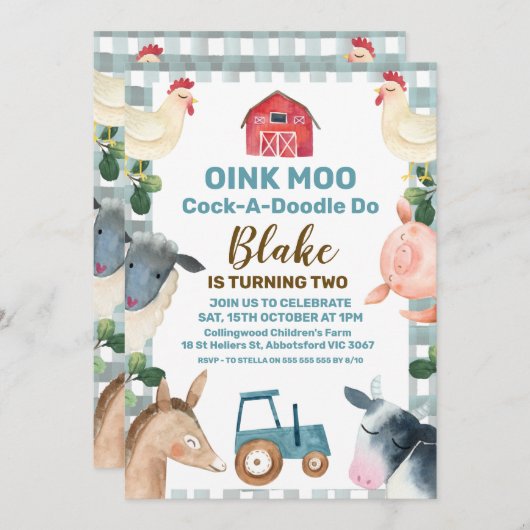 ブループレイドファーム及びトラクタ誕生日招待状 招待状 (正面/裏面)